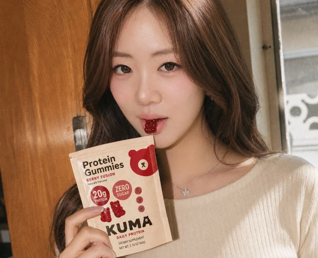 Woman enjoying a Kuma protein gummy