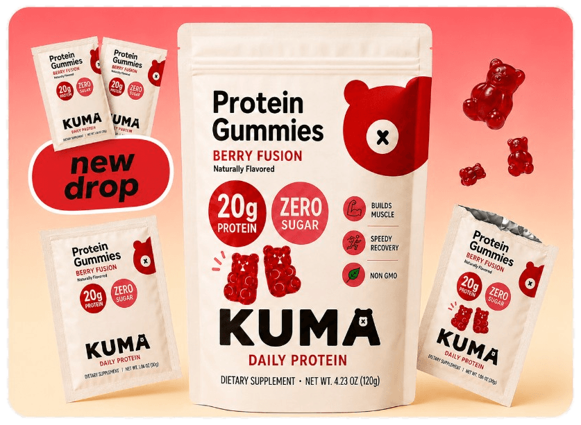 Kuma Protein Gummies Berry Fusion pouches with floating gummy bears