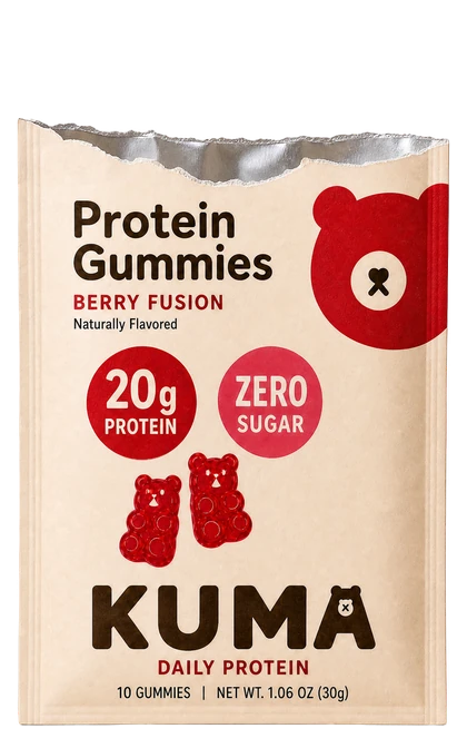 Torn-open Kuma single-serve sachet with a gummy emerging